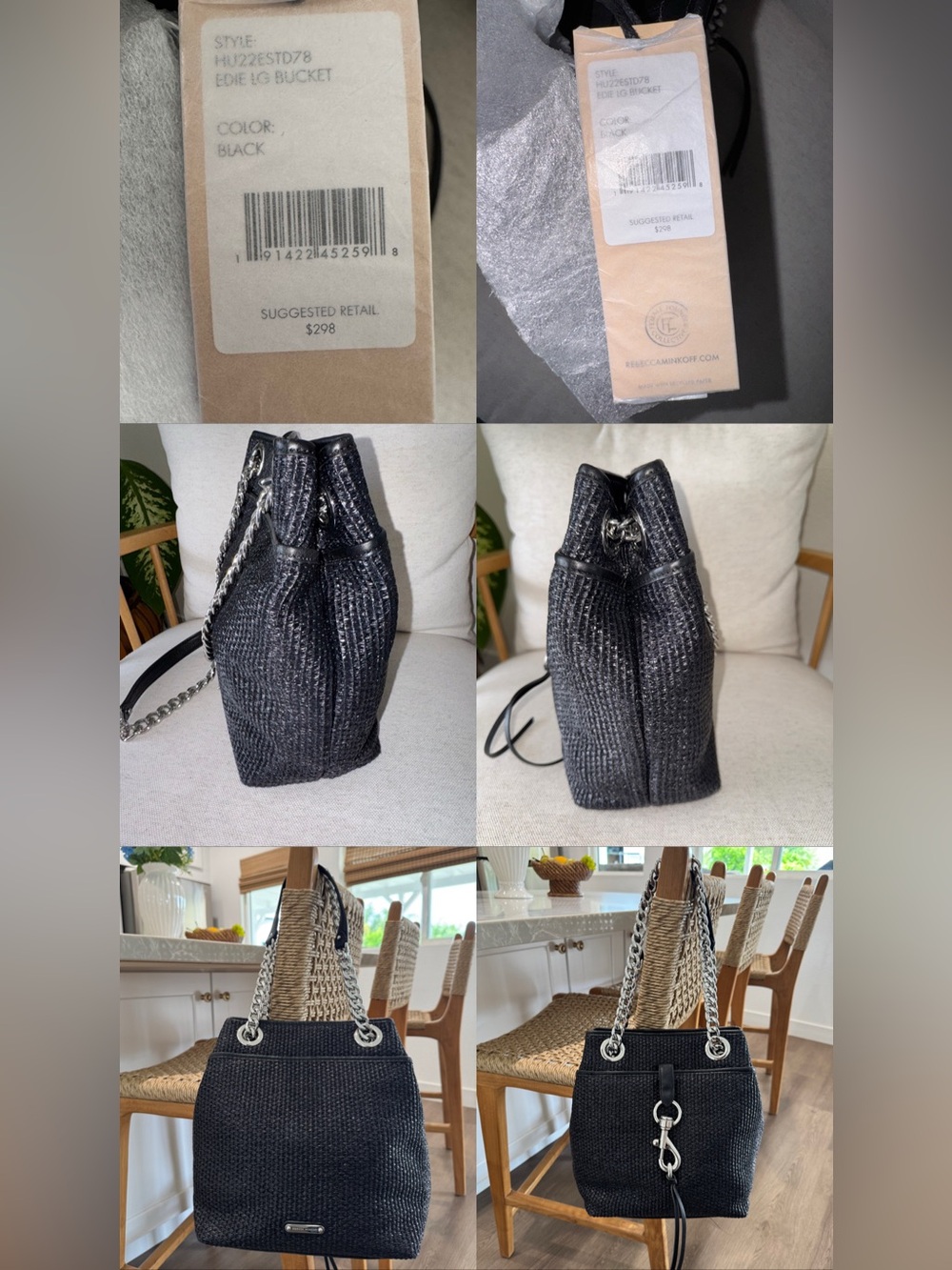 NWT Rebecca Minkoff Edie Large Black Woven Straw Bucket Shoulder Bag Purse New - Picture 17 of 17